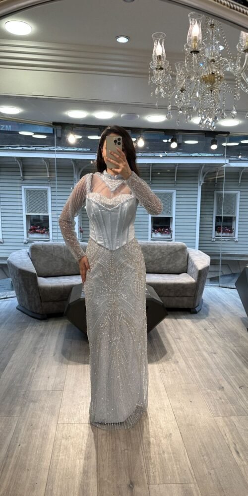 Silver White Long Sleeve Beaded Evening Dress