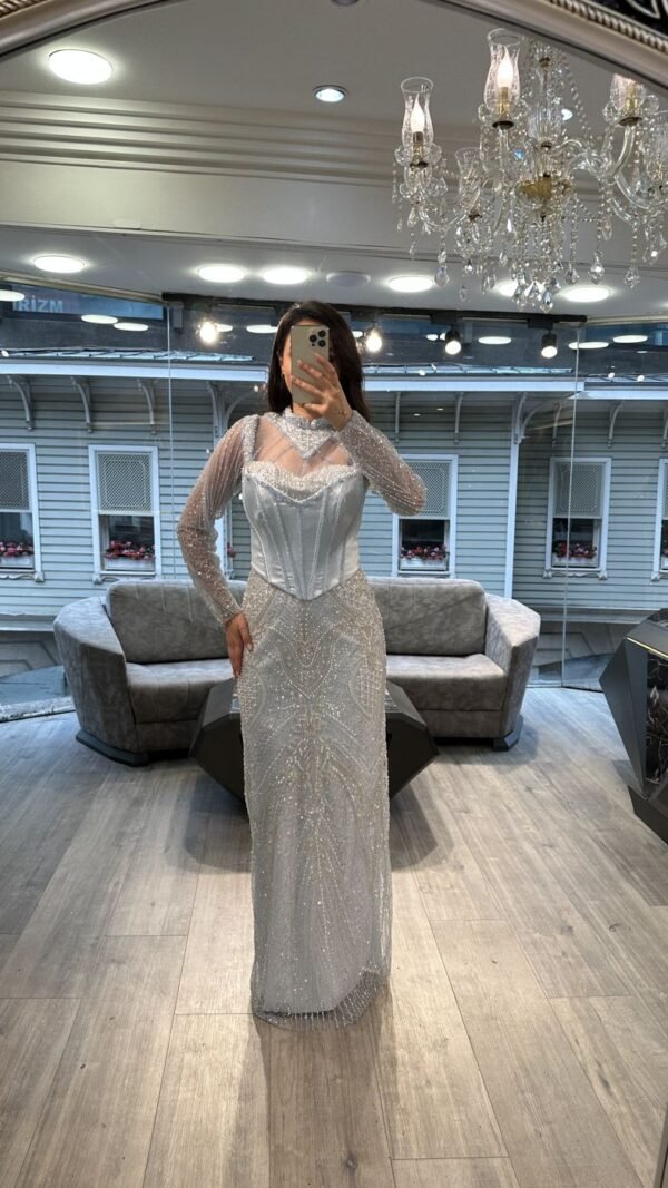 Silver White Long Sleeve Beaded Evening Dress Silver White Long Sleeve Beaded Evening Dress