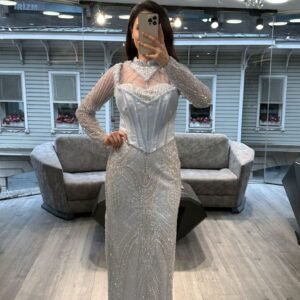 Silver White Long Sleeve Beaded Evening Dress Silver White Long Sleeve Beaded Evening Dress