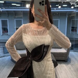 White Beaded Evening Gown With Black Satin Bow White Beaded Evening Gown With Black Satin Bow