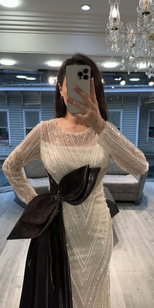 White Beaded Evening Gown With Black Satin Bow