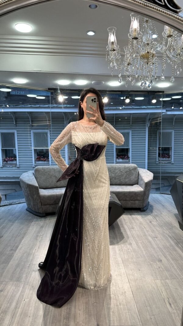 White Beaded Evening Gown With Black Satin Bow White Beaded Evening Gown With Black Satin Bow