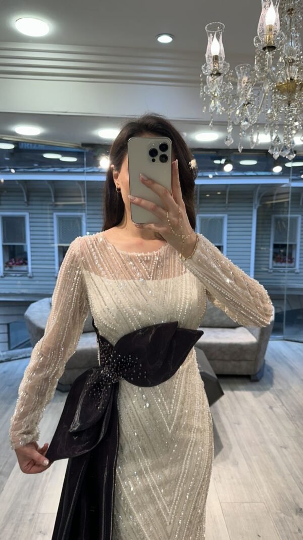 White Beaded Evening Gown With Black Satin Bow White Beaded Evening Gown With Black Satin Bow